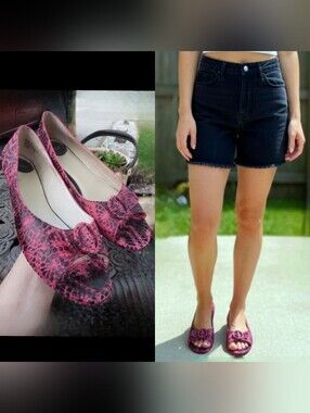 Vtg Y2K Mudd hot pink blk lace snakeskin print hand painted flats shoes NWOB